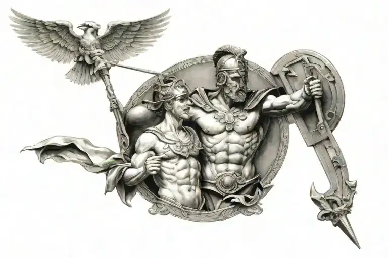 chest tattoo of the Greek god Ares and a Spartan soldier tattoo design idea