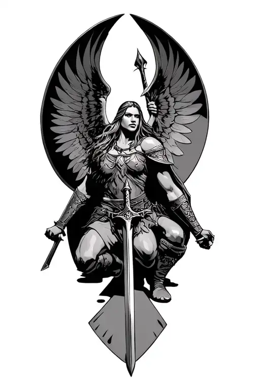 Valkyrie flying above a fallen Norse Viking warrior kneeling injured on ground with sword and shield tattoo design idea