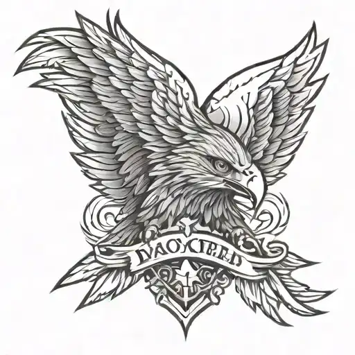black and grey eagle head wings flag forearm sleeve tattoo design idea