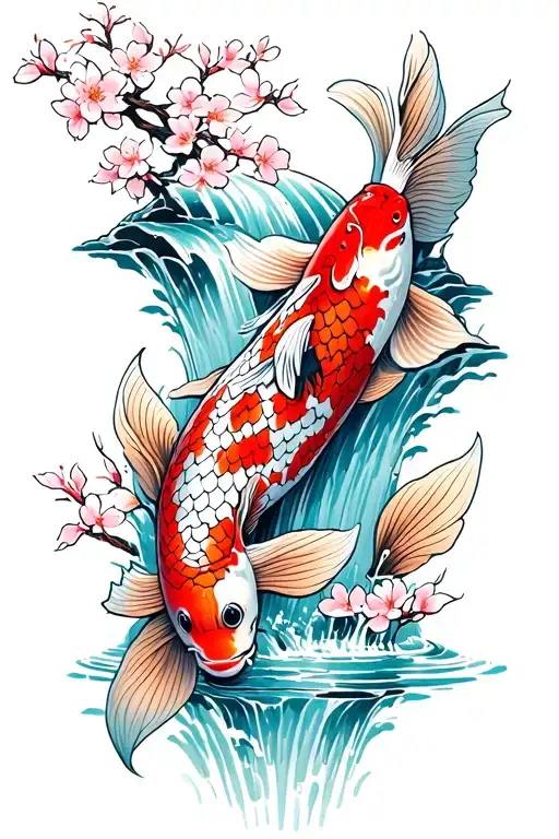 Koi fish going up a waterfall surrounded by cherry blossoms tattoo design idea