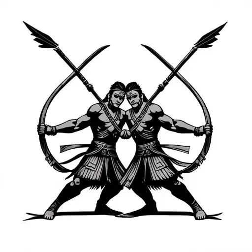 2 warriors in Indonesian clothing both with a spear symmeteric together pointed out in a fighting attitude with a tattoo design idea