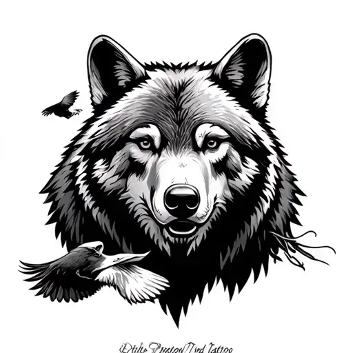 wolf head next to a bears face and an eagle soaring tattoo design idea
