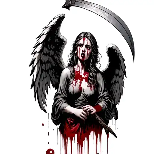 An angel woman crying tears of blood, holding a bloody scythe with blood dripping from it tattoo design idea
