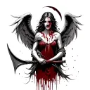 An angel woman crying tears of blood, holding a bloody scythe with blood dripping from it tattoo design idea