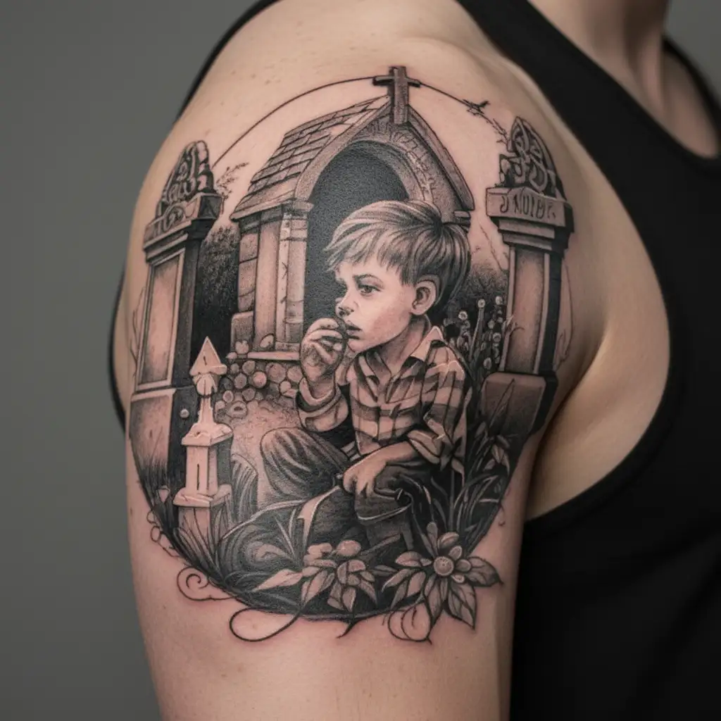 A boy whistling in a graveyard scene tattoo design idea