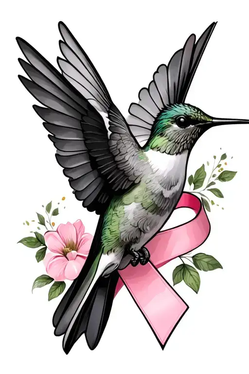 hummingbird and breast cancer ribbon tattoo design idea