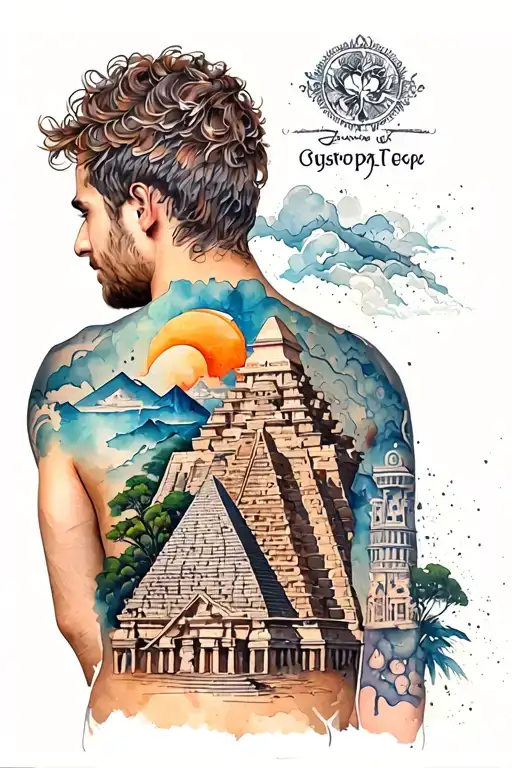 back piece tattoo for male with a collage of ancient sites such as gobekli tepe, giza pyramids, ephesus, angkor wat, mac tattoo design idea