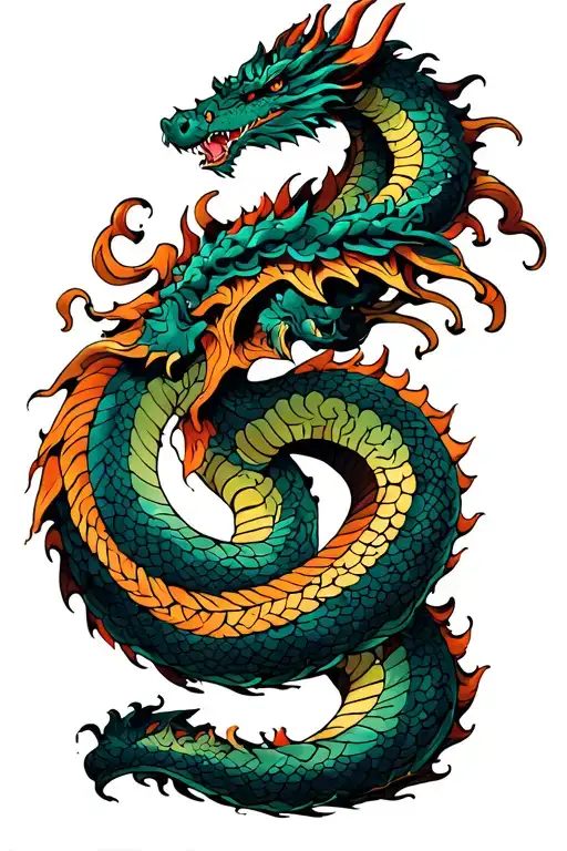 a top-down, color tattoo of a dragon slithering up or down the arm, similar style to haku from spirited away tattoo design idea