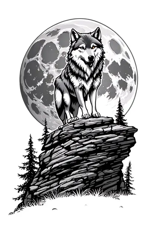 Wolf on a stone cliff in the forest in the light of the full moon tattoo design idea