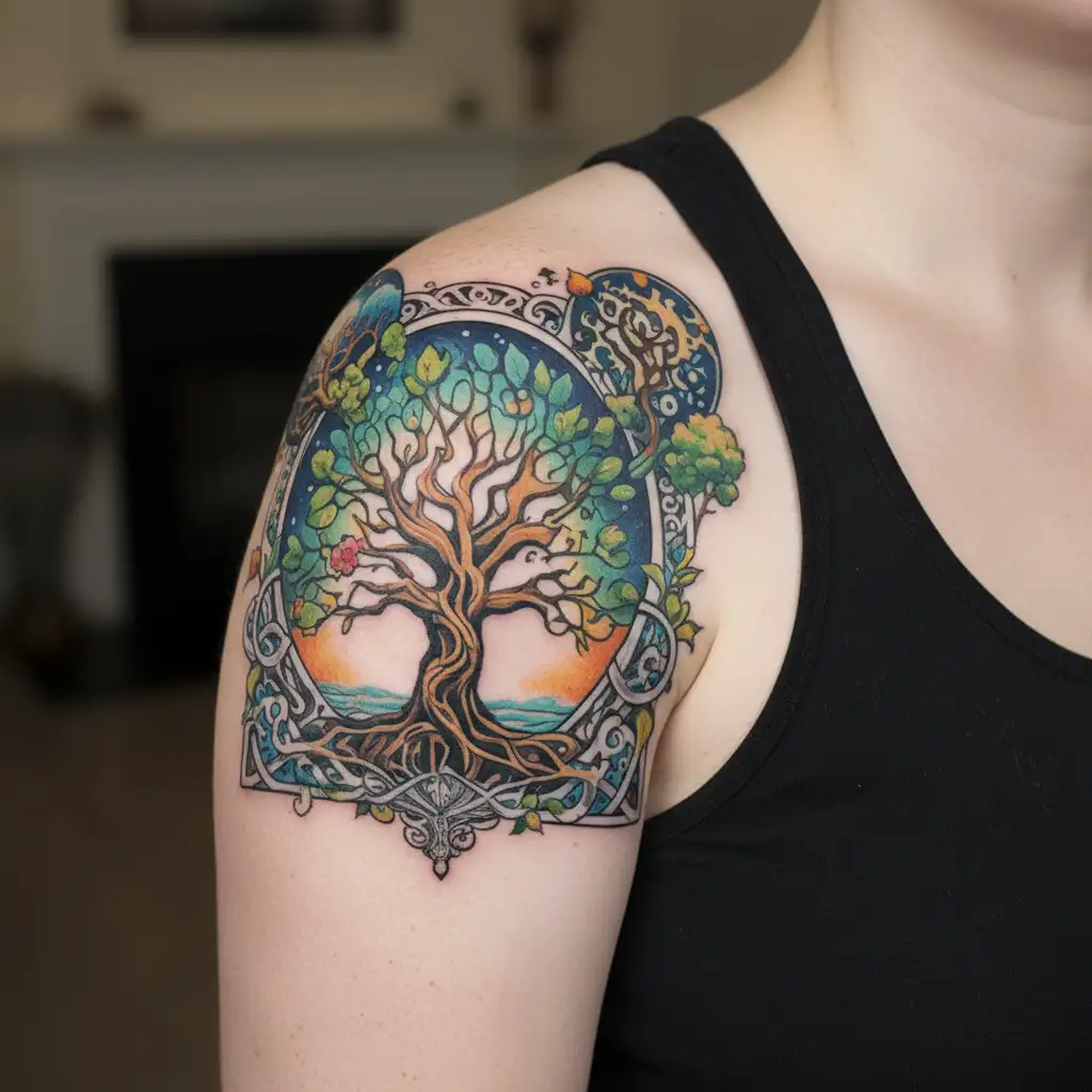 A magical tree of life intertwined with elements of nature and celestial bodies tattoo design idea