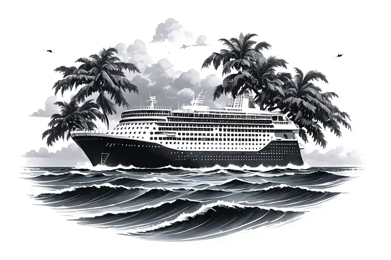 cruise ship ocean trees black and gray tattoo design idea