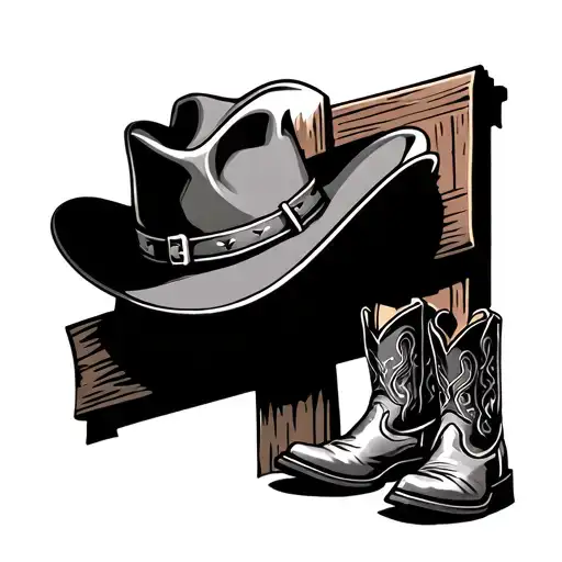 One Cowboy Hat on a Cross with One pair of Cowboy boots infront of the cross tattoo design idea