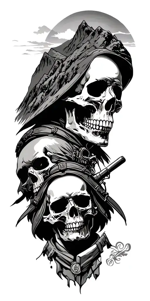 skulls ,soldiers, and mountains incorporate god tattoo design idea