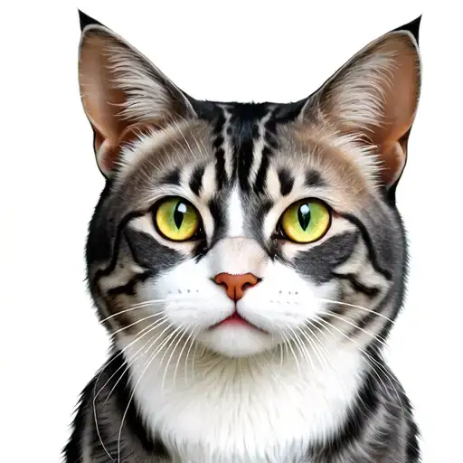 manx cat grey and white bust, white whiskers, white triangular chest fur, lynx like strip pattern, gold and green eyes tattoo design idea