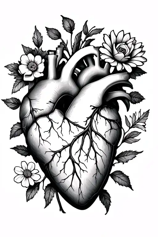 anatomical heart with 3 dogwood flowers, 1 rose, 1 aster flower, 1 cosmos flower and 1 primrose tattoo design idea