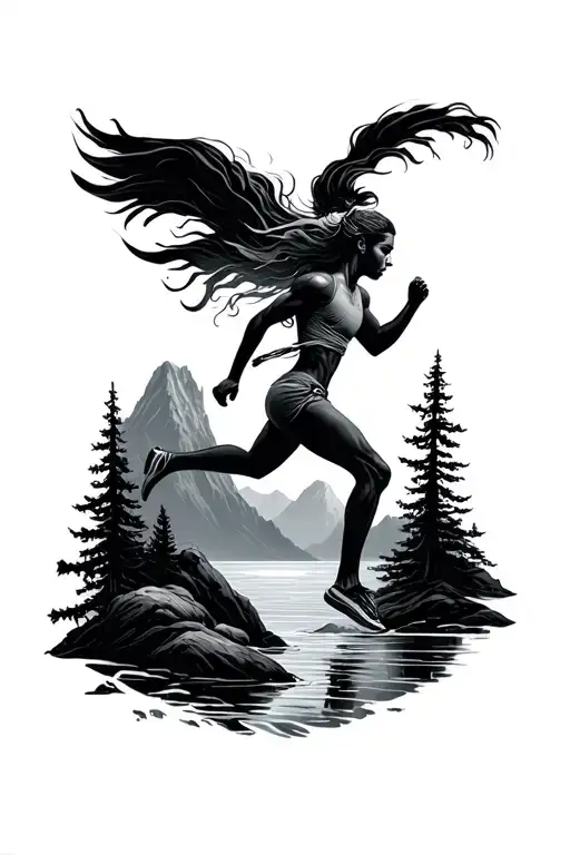 runner mountain, forest and sea tattoo design idea