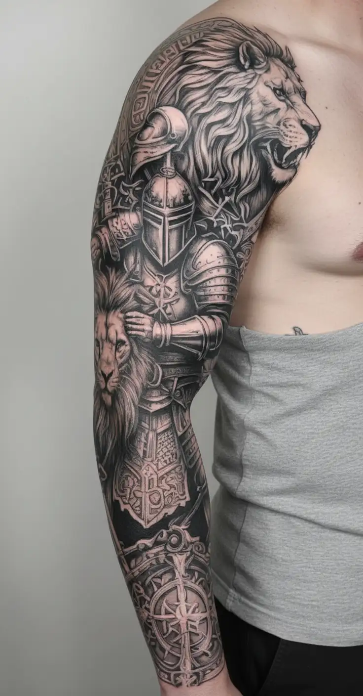 knight templar with a lion and a warrior bible verse written tattoo design idea