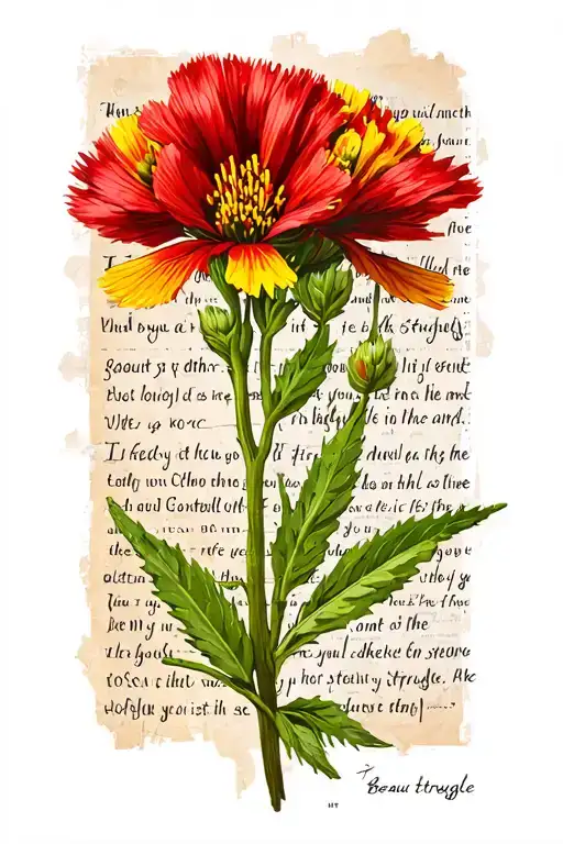 indian paintbrush flower with stem, newsprint words "beauty in the struggle" tattoo design idea