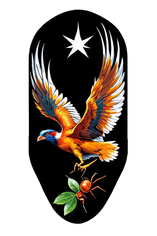 a phoenix flying under a philant star brings a leaf of lorium in its beak to a single ant tattoo design idea