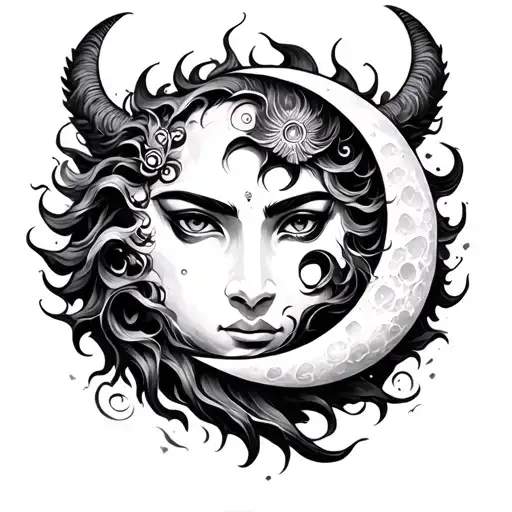 Rahu and moon merging together tattoo design idea
