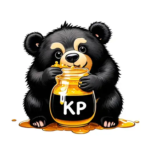 black ink cute Bear eating honey from a honey pot with honey dripping over the side, the honey pot has KP written on it. tattoo design idea