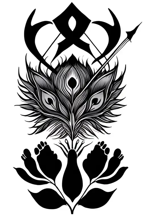 sikh Khanda symbol at top, followed by bow and arrow within lotus, peacock feather, and Vishnu's footprints at bottom tattoo design idea