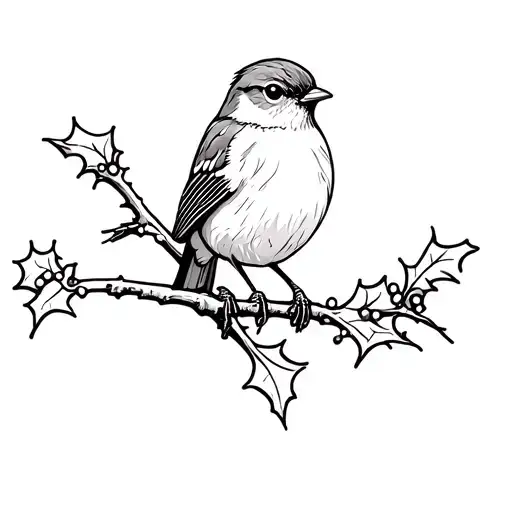British robin perched on a holly tree branch tattoo design idea