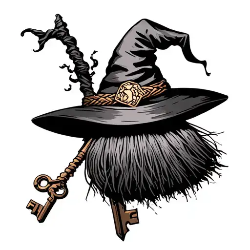 witch broom and key intertwined tattoo design idea