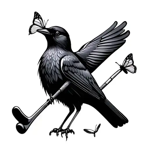 great tailed grackle holding a golf club with butterfly on club tattoo design idea
