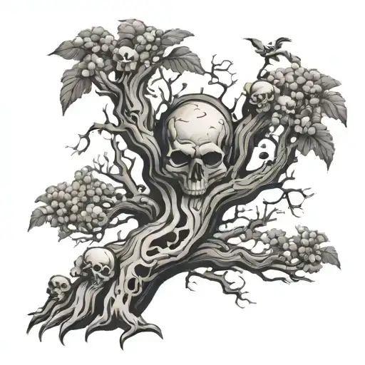 Evil tree with skulls as leaves falling tattoo design idea