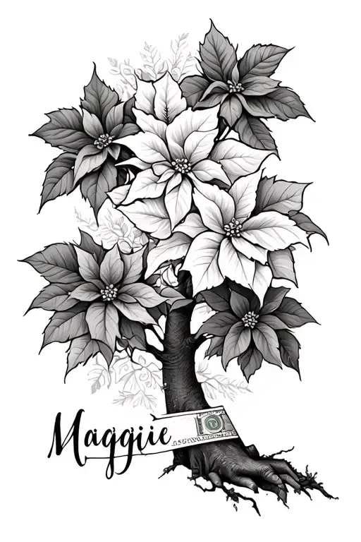 money tree and poinsettia flowers mixed in design with the name Maggie on the wrist  tattoo design idea