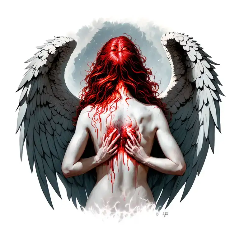 "it is a dreadful thing to fall into the hands of the living Gods" with a crying red angel in back tattoo design idea