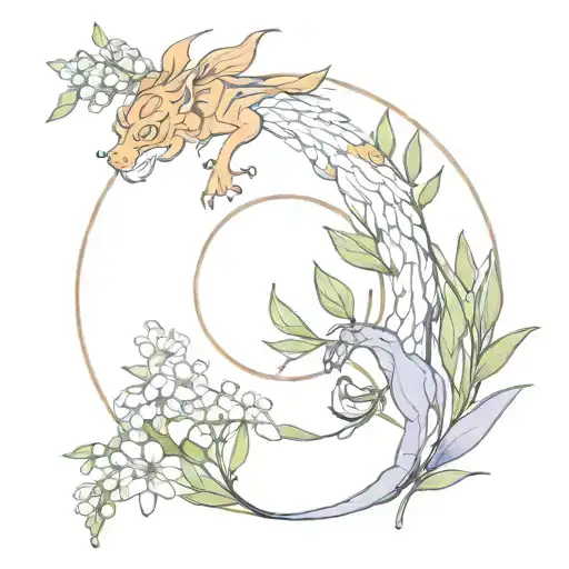 circle of lavender and lily of the valley flowers with chinese dragon and tiger tattoo design idea