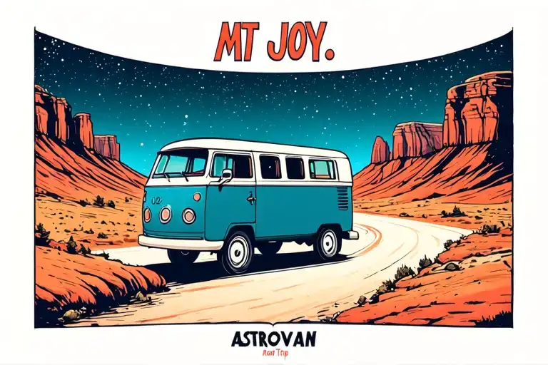 "Mt Joy" “Astrovan Road Trip” Scene	•	A small vintage van driving toward a stylized Red Rocks silhouette under a starry sky. tattoo design idea
