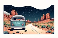 "Mt Joy" “Astrovan Road Trip” Scene	•	A small vintage van driving toward a stylized Red Rocks silhouette under a starry sky. tattoo design idea