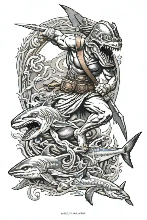 ancient Greek mythology soldier fighting with shark tattoo design idea