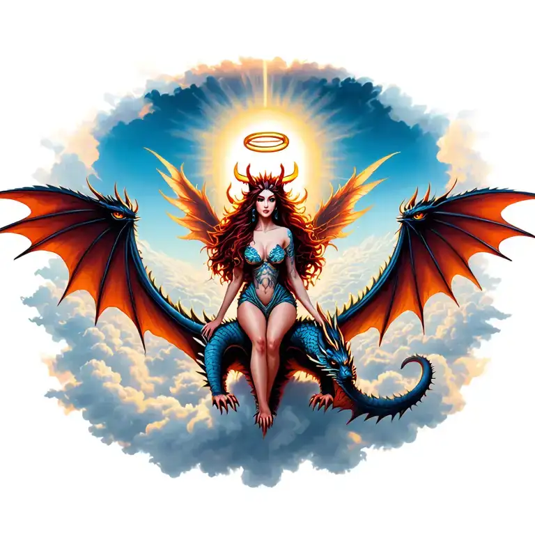 beautiful devil woman with halo riding dragon with fairy wings above the clouds with sun shinning no colour tattoo design idea