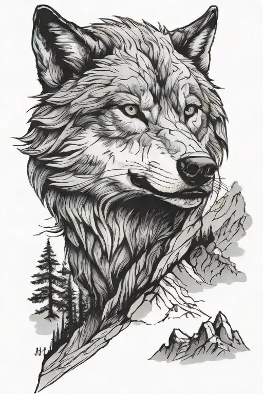 wolf face on top of a mountain tattoo design idea