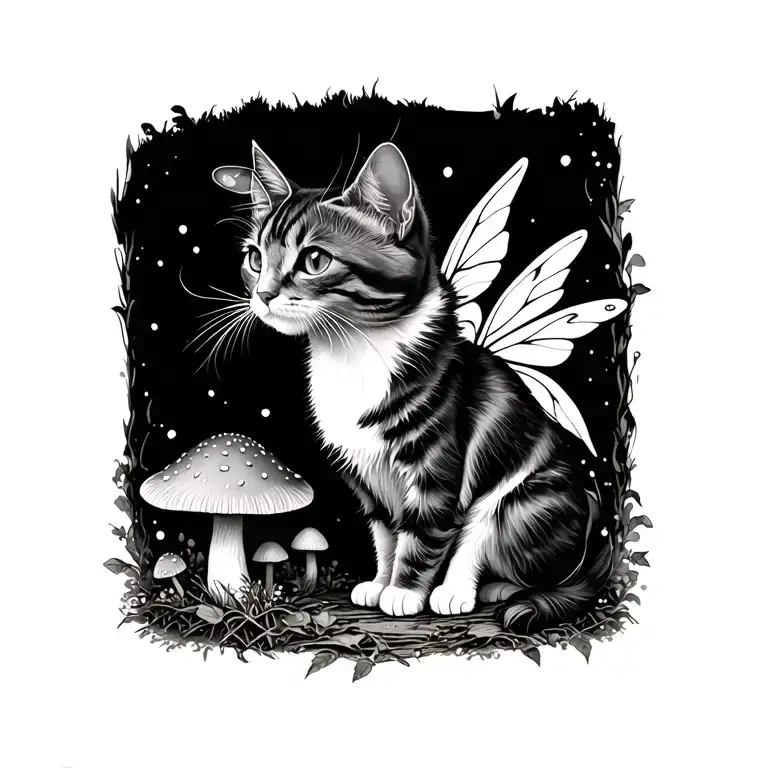 cat and mushroom fairy tattoo design idea