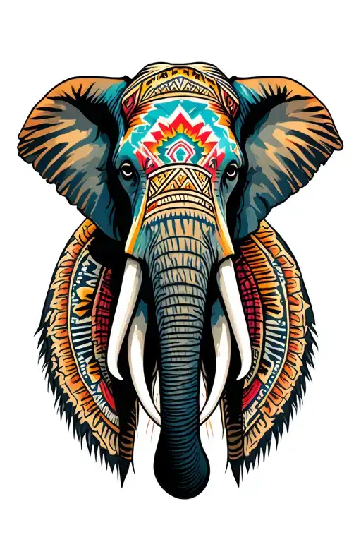 African elephant head slight angle wearing Aztec war paint tattoo design idea