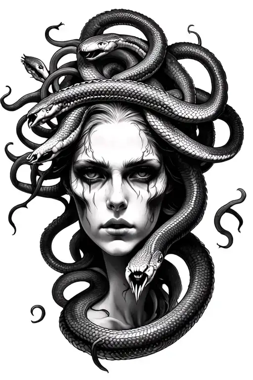 Medusa snakes on head, erotic, realistic, detailed, scary tattoo design idea