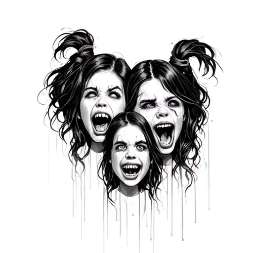 3 heads of girls 2 on the sides scream loudly, 1 girl smiles, scary, creepy tattoo design idea