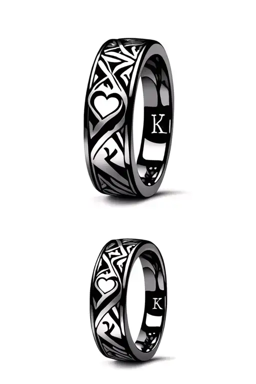 His and hers unique matching wedding band rings. His with a letter K and hers with a letter K. Including a heart or hear tattoo design idea