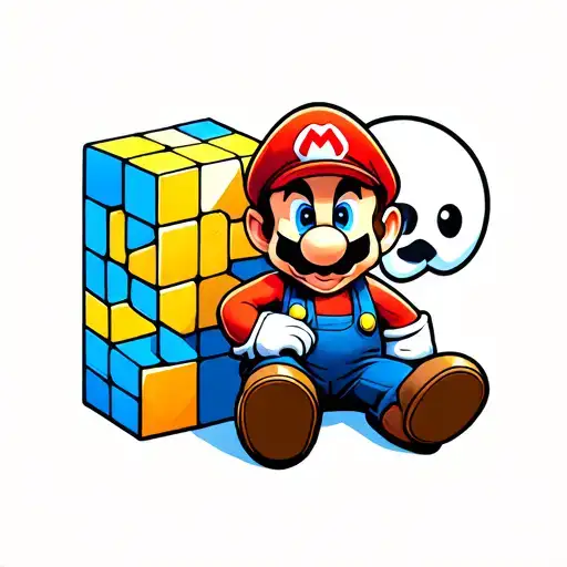 Super Mario with the cube near sitting with the ghost boo nearby tattoo design idea