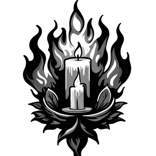 burning candle and flame black and grey tattoo design idea