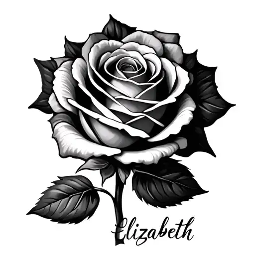 rose with the name elizabeth written through it tattoo design idea