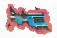 type writer in black and white with water colored birds flying away from the type writer tattoo design idea