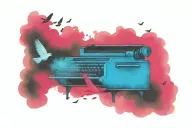 type writer in black and white with water colored birds flying away from the type writer tattoo design idea