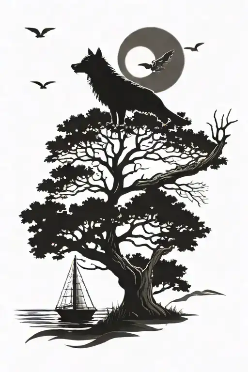 a wolf sitting underneath a large tree with a hawk resting on a branch of the tree overlooking a lake with a sailboat  tattoo design idea