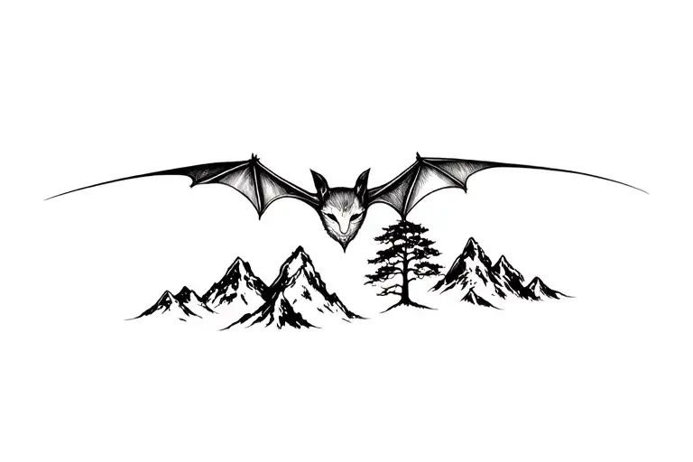 mountain bat tree tattoo design idea